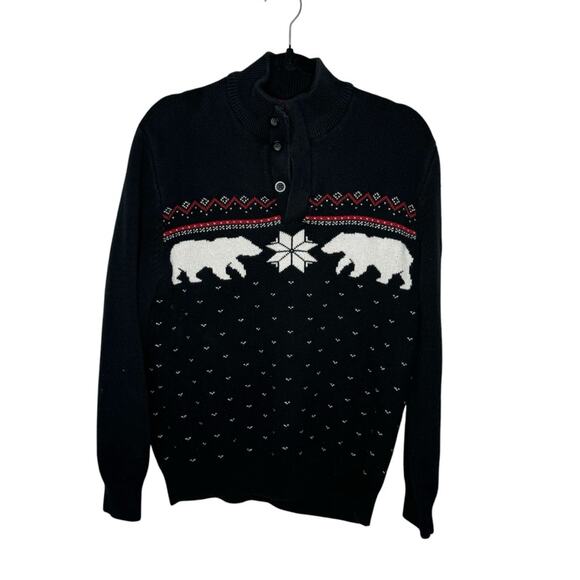 CHAPS / black white red polar bear fair isle button up sweater / L - Picture 1 of 7
